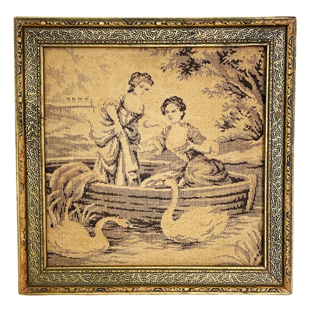 Antique Victorian framed tapestry women with swans